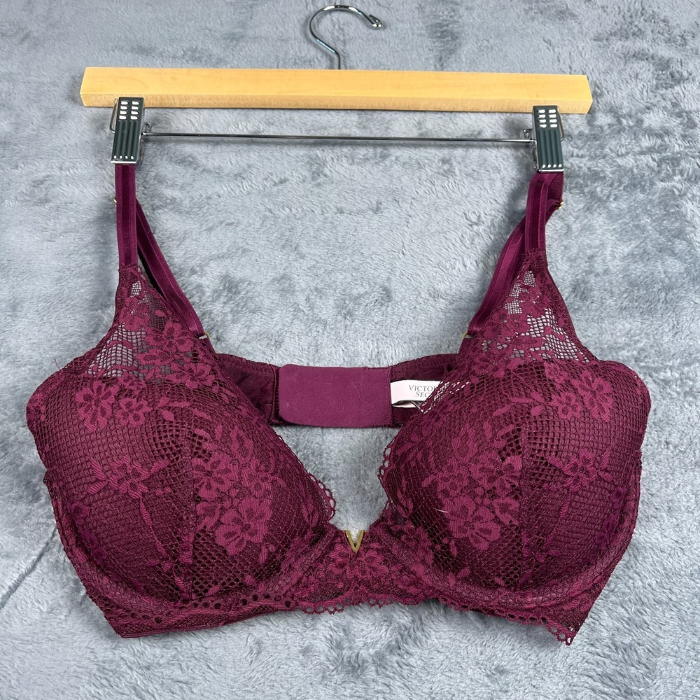 Victoria's Secret Plunge Bra 34D Burgundy Lace Floral Gold V Hardware 133954-SDC